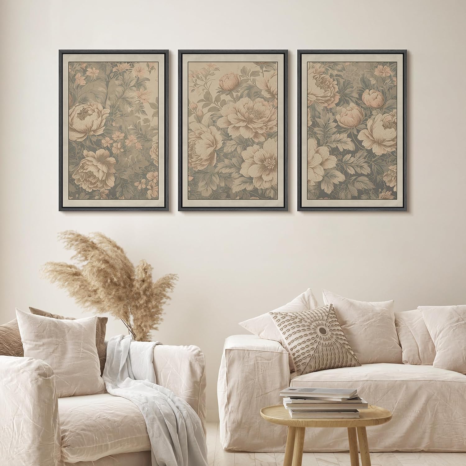 wall26 Framed Canvas Print Wall Art Set Antique Style Floral Beige and Blush Peony with Vintage Botanical Photography Modern Art Decorative for Living Room, Bedroom, Office - 24'x36'x3 Black