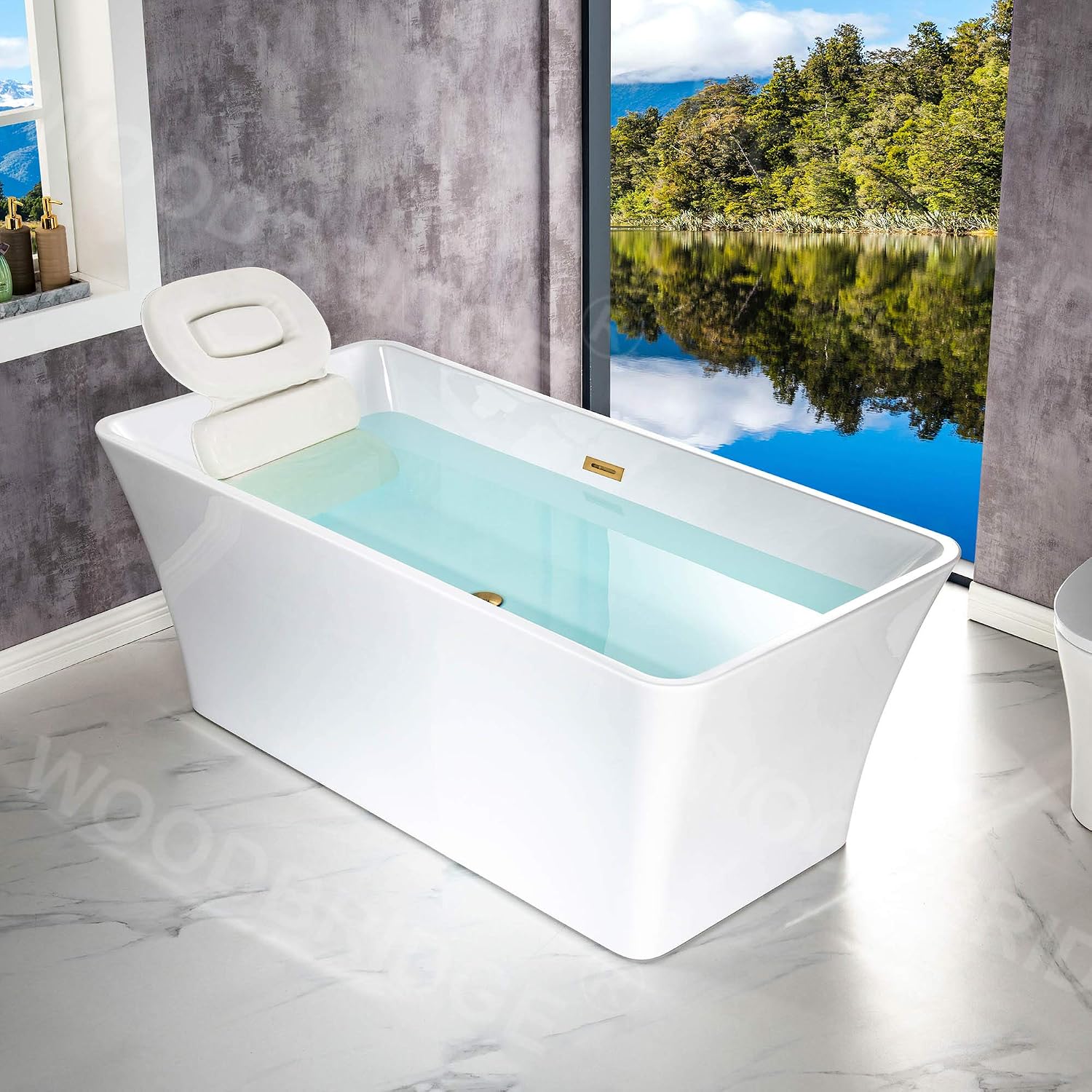 WOODBRIDGE 59'Freestanding White Acylic Soaking Bathtub with White Pillow,Drain and Overflow inBrushed Gold,BTA1509 -BG-Drain &O+ Pillow