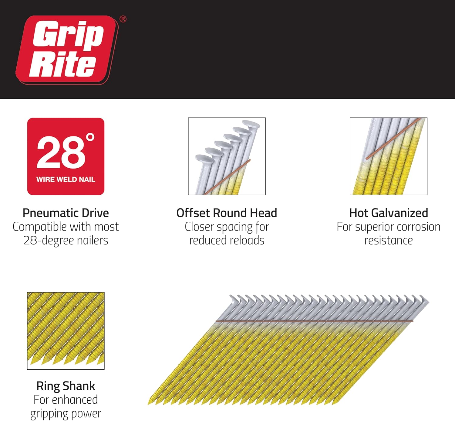 Grip-Rite GRW12ZHGH1, Collated 28-degree RH Wire Fasteners, 3-1/4' x .131 Hot Galvanized Smooth, 1,000 Nails, Job Pack