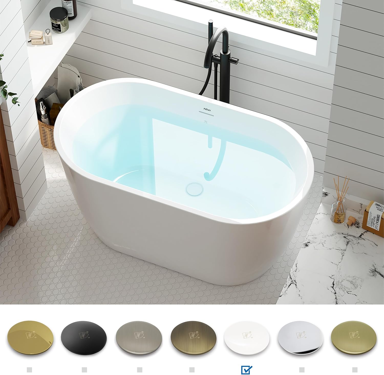 FerdY 47' Bali Acrylic Freestanding Bathtub, Gracefully Shaped Freestanding Soaking Bathtub, cUPC Certified, Toe-Tap White Drain and Minimalist Linear Design Overflow Included