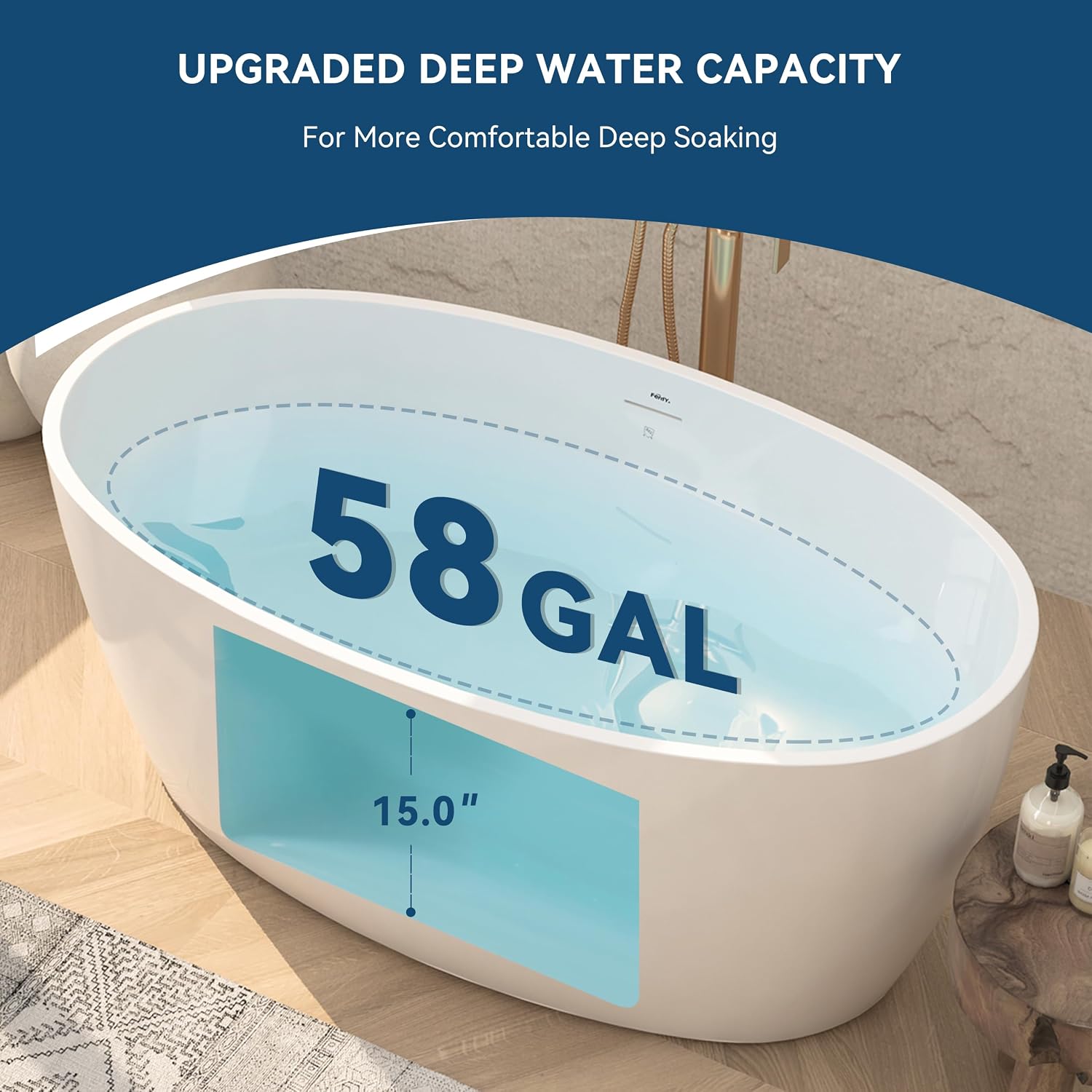 FerdY Tahiti 55' Acrylic Freestanding Bathtub, Elegant Oval Shape Soaking Bathtub, Glossy White, Brushed Nickel Drain & Integrated Slotted Overflow Assembly Included cUPC Certified