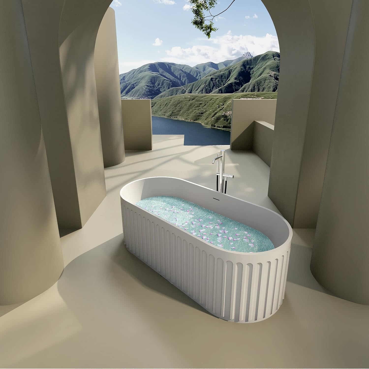 67' Freestanding Solid Bathtub, Luxury Engineered Stone Resin Freestanding Soaking Bathtub with Overflow and Pop up Drain, Matte White 23S13 67