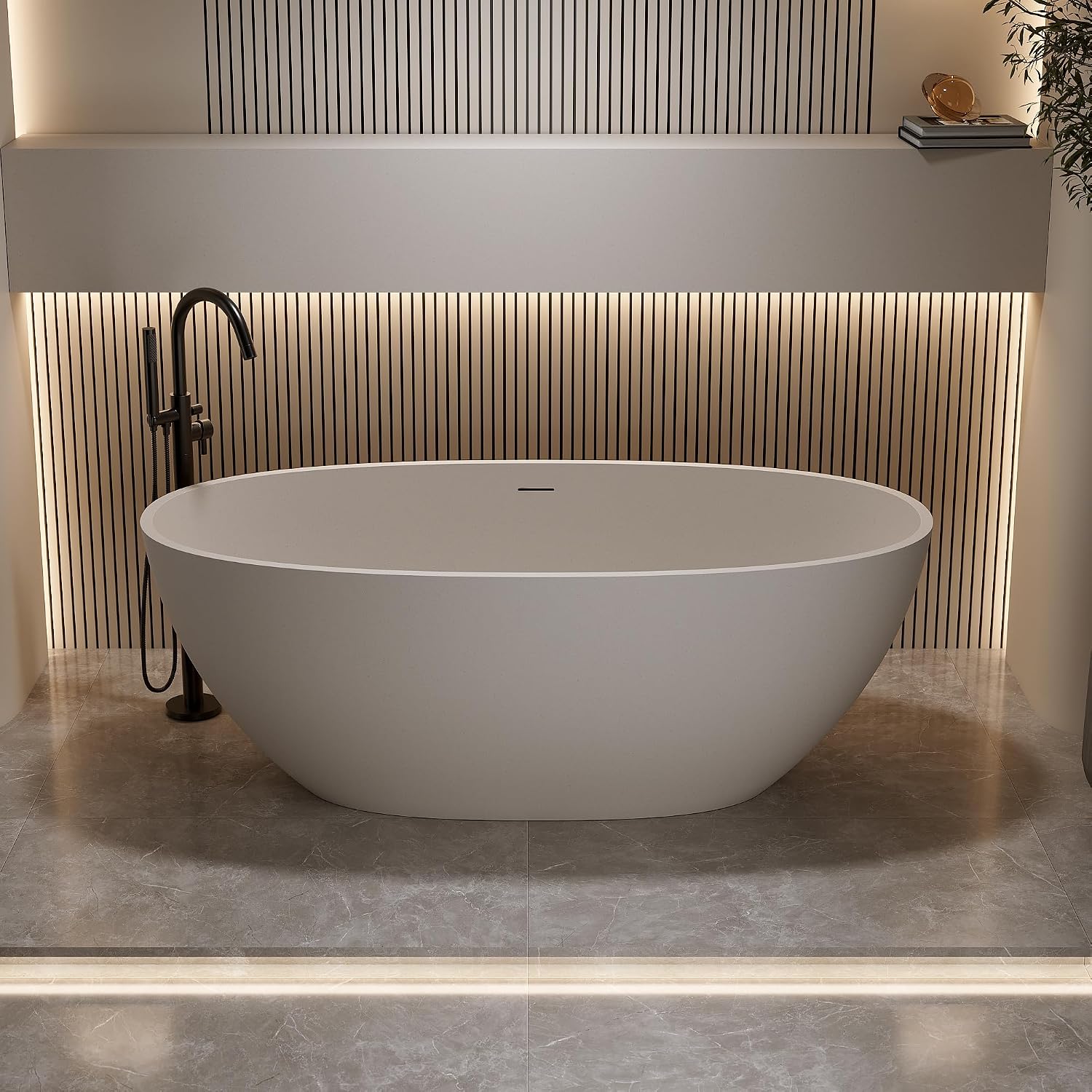 59'' Freestanding Bathtub Resin Stone Soaking Bathtub Solid Tubs with Overflow and Pop up Drain