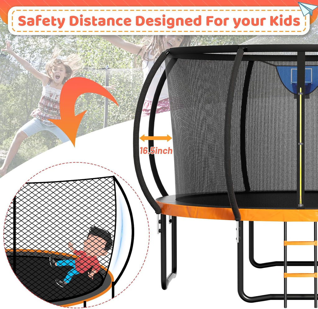 Zevemomo 12FT 14FT Trampoline with Basketball Hoop, Large Outdoor Trampoline for Kids and Adults with Net, Ladder, Protected Curved Poles, Heavy Duty Trampoline 400/450LBS Weight Capacity