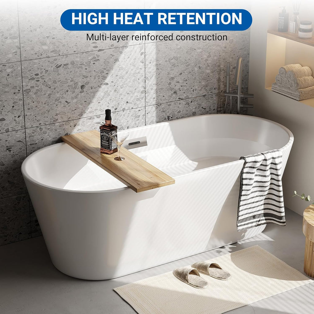 67-Inch Freestanding Acrylic Bathtub in White Finish | Chrome Drain & Overflow with Ergonomic Oval Design | Modern Soaking Tub for Family & Guest Bathrooms