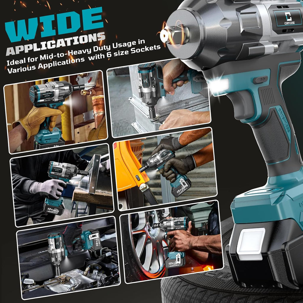 Cerycose Cordless Impact Wrench 1/2 inch for Makita Battery, 900Ft-lbs Brushless High Torque Impact Gun with 2x5.0AH Battery