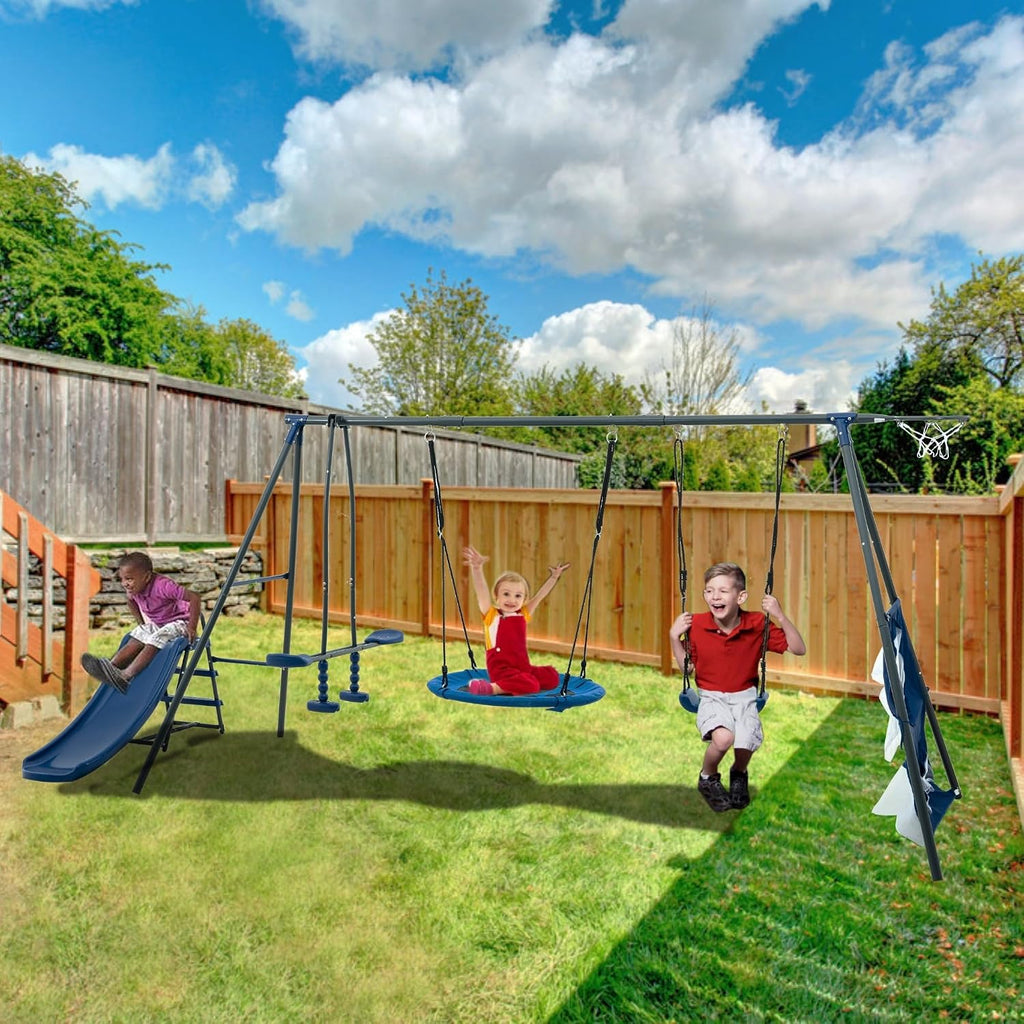 6‑Function Outdoor Swing Set with Net Saucer, Mini Slide, Face‑to‑Face Swings, Basketball Hoop & Soccer Net, Heavy‑Duty Steel Playground Playset (440 lbs) in Grey & Blue for Boys and Girls Ages 3+