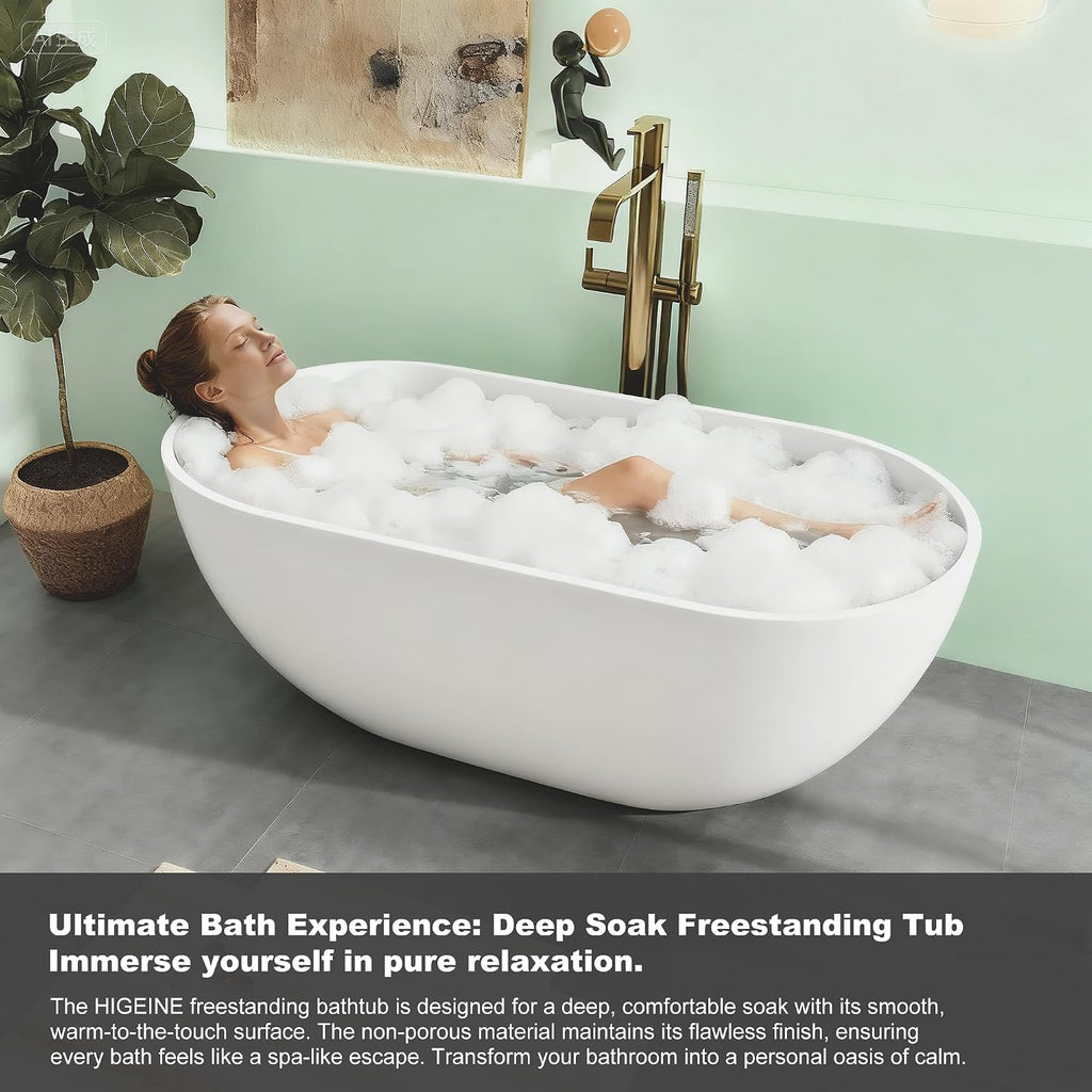 59' Premium Matte White Solid Surface Freestanding Bathtub, Upgraded Modern Design Stand Alone Bath Tub with Overflow and Pop-up Drain