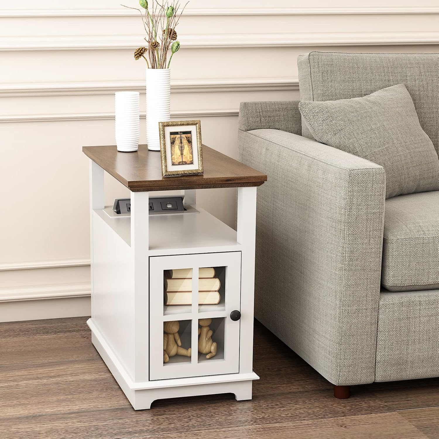 FAGAGA Side Table with Fast Charging Station, End Table with 2 Power outlets & USB Ports, Bedside Table with Semi-Open Storage, Wooden Nightstand for for Living Room/Bedroom/Office