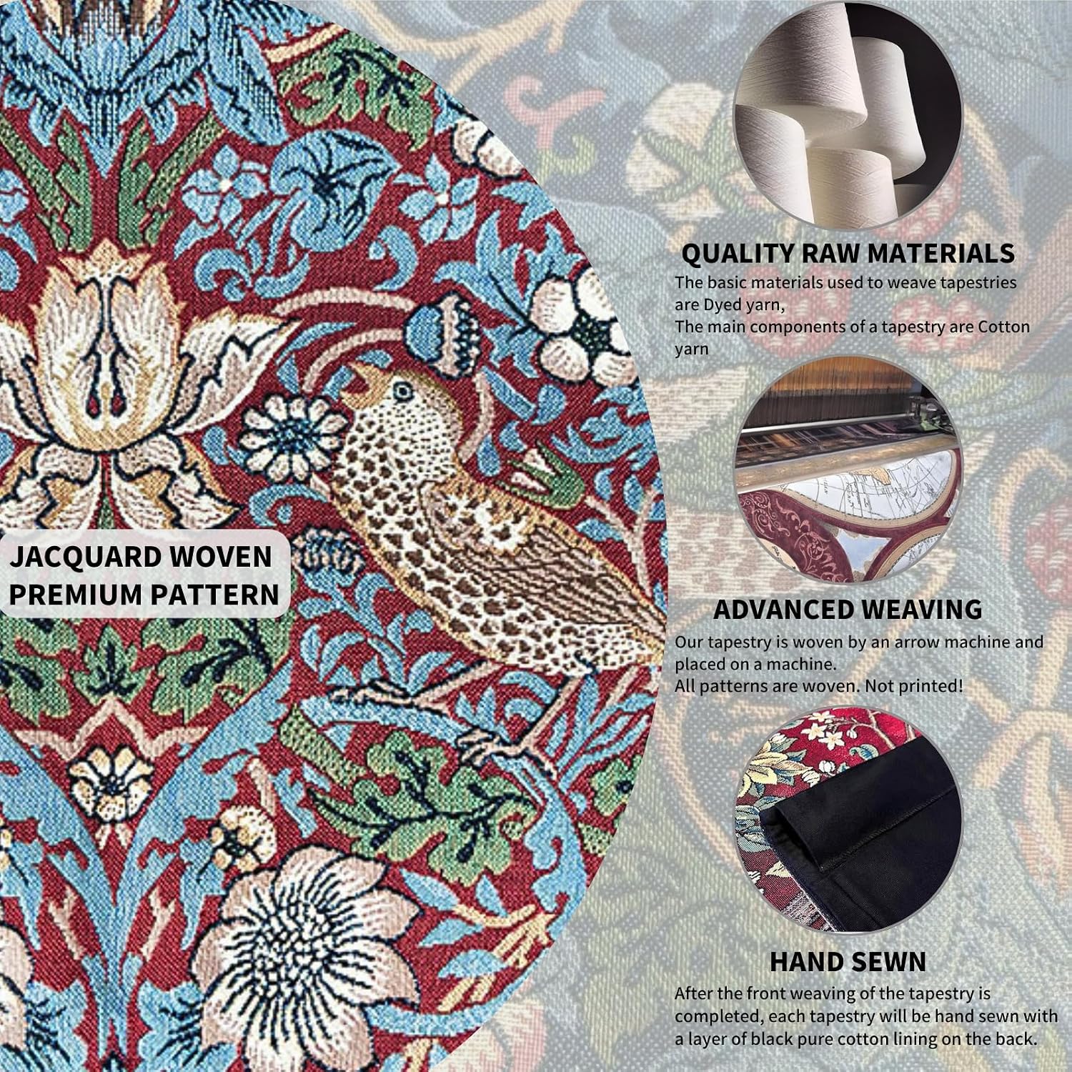 ORIMONY William Morris Strawberry Thief Tapestry - Vintage Floral Bird Art, Medieval Jacquard Woven Tapestry Wall Hanging for Living Room & Bedroom Size 27'x35' (Red)