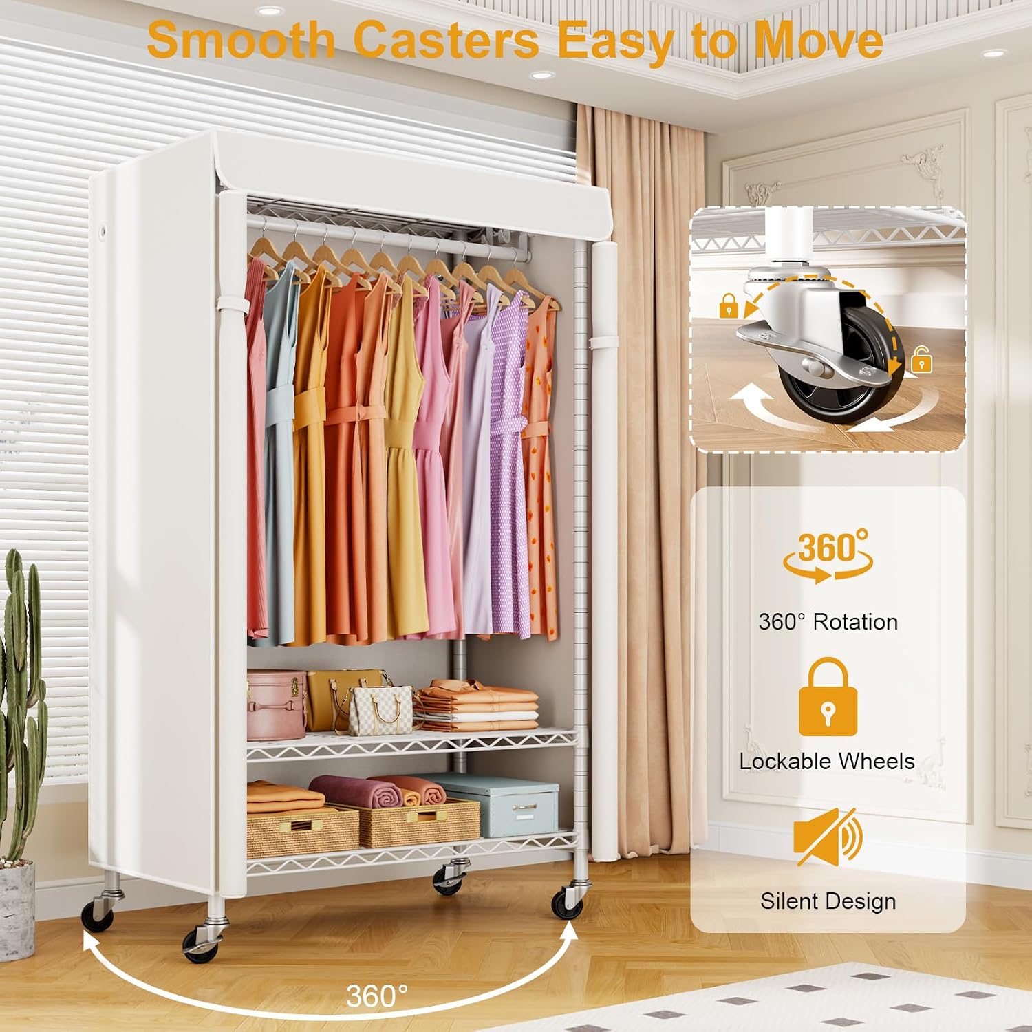 ULIFHOME P6C Rolling Clothes Rack with Cover, Covered Clothing Racks Heavy Duty, Portable Closet for Hanging Clothes, Garment Racks on Wheels, White Closet Rack with White Cover, Max Load 365LBS
