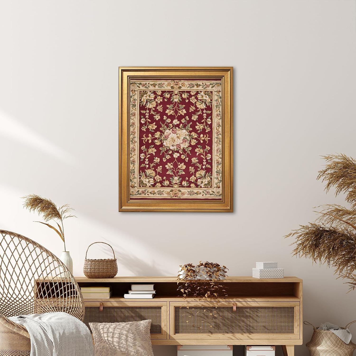 Framed Vintage Red Floral Tapestry Style Canvas Wall Art Antique Botanical Pattern Print Medieval Persian Textile Picture Artwork Traditional Flower Decor for Living Room Bedroom Office 24x36inch
