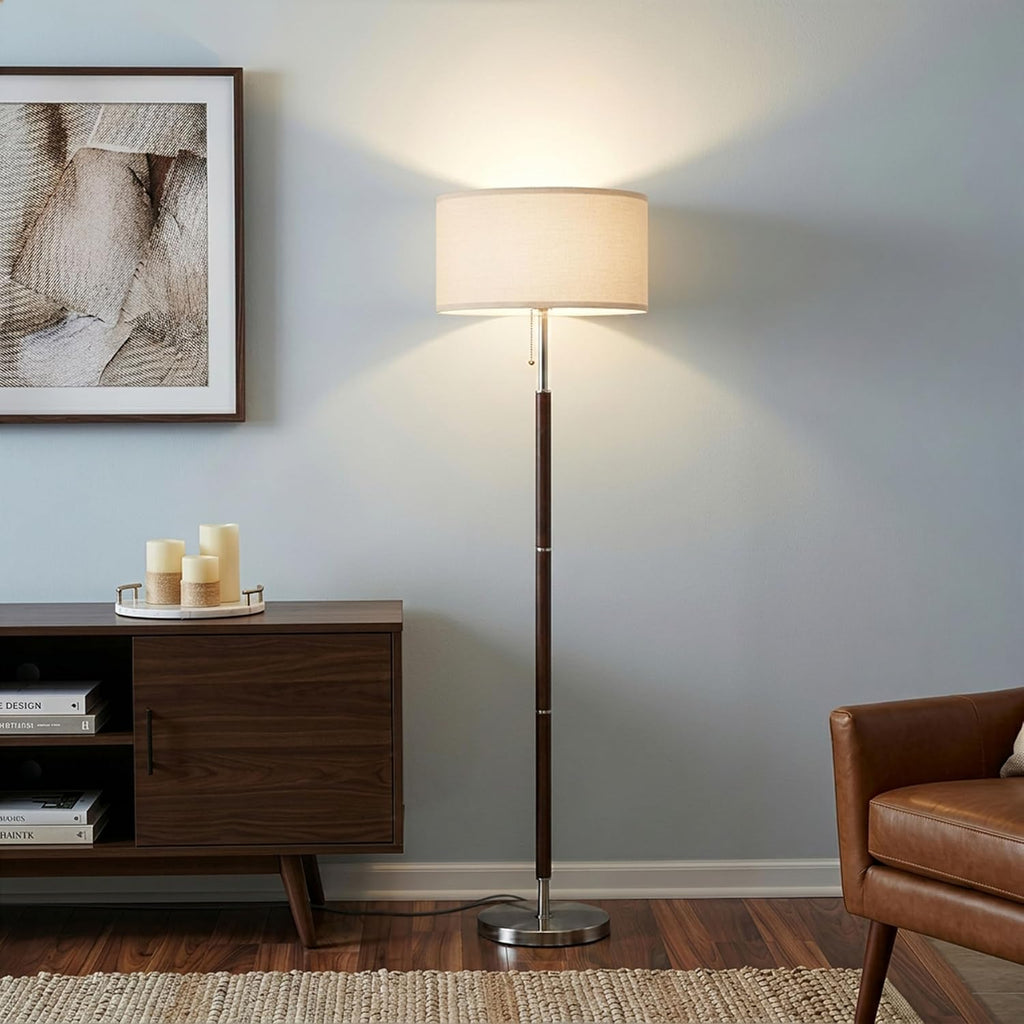 Brightech Carter LED Floor Lamp, Drum Shade with Walnut Wood Finish, Great Living Room Décor, Mid-Century Light for Living Rooms & Offices, Mid Century Modern Lamp for Bedroom
