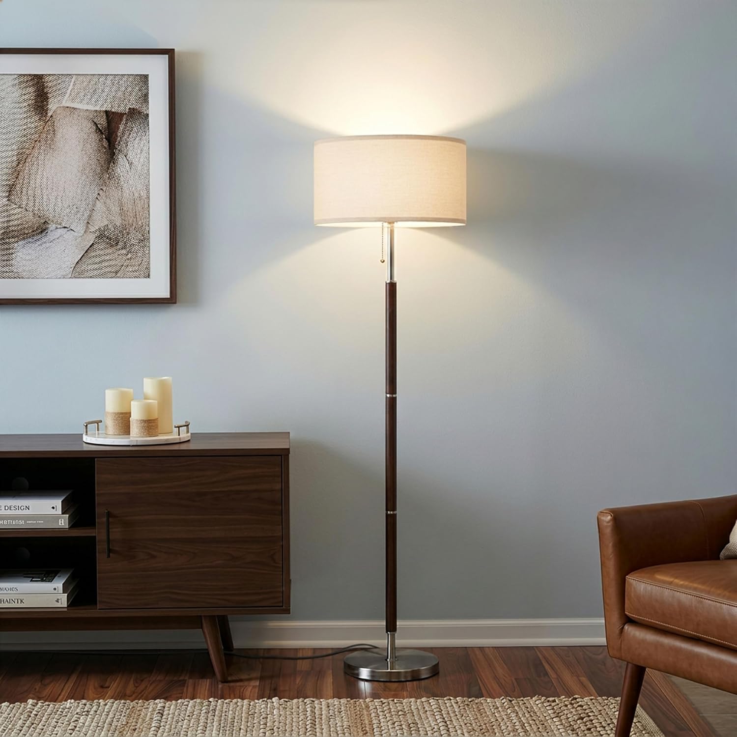 Brightech Carter LED Floor Lamp, Drum Shade with Walnut Wood Finish, Great Living Room Décor, Mid-Century Light for Living Rooms & Offices, Mid Century Modern Lamp for Bedroom