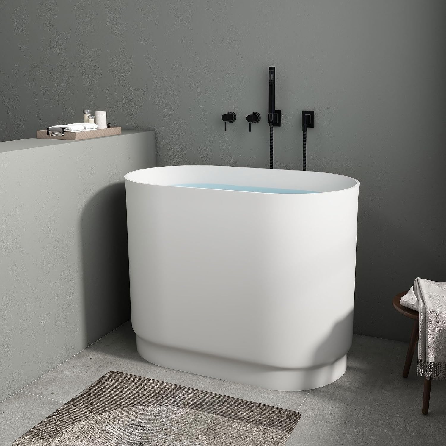 SJ Star&Jane 39' Solid Surface Japanese Soaking Bathtub Stone Resin Freestanding Tub Deep Soaking Bathtub Sit-In Design with Drain and Overflow