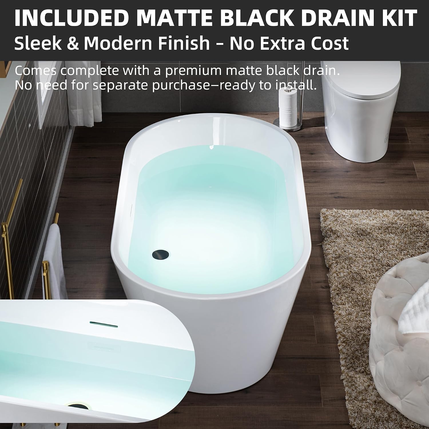 WOODBRIDGE 59 X 29.5 X 22.8' freestanding soaking bathtub with matte black drain included, White WE009