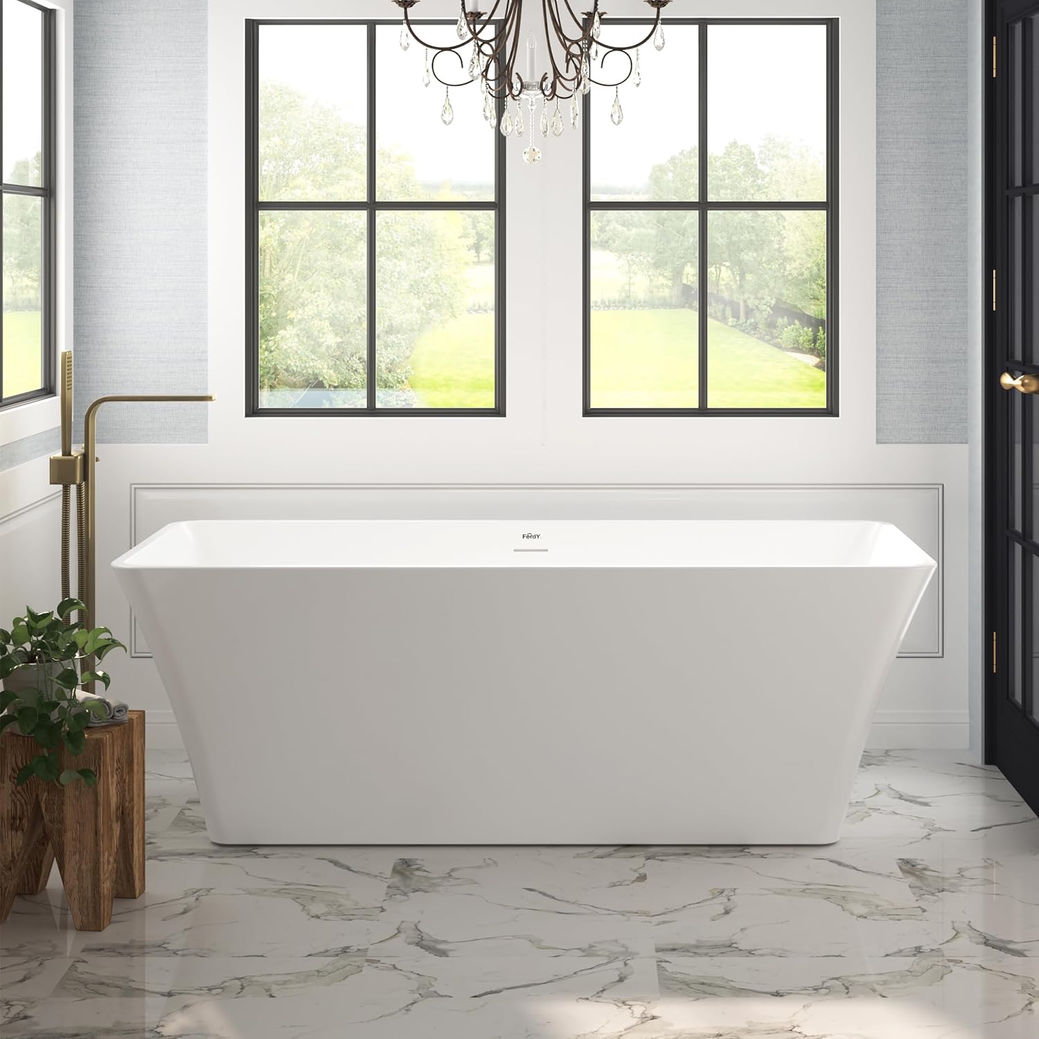 FerdY Sentosa 67' Acrylic Freestanding Bathtub, Contemporary Design Soaking Tub with Brushed Nickel Drain & Back Scrubber for Shower,Long Handled Loofah on a Stick, Soft PE Mesh Back Sponge