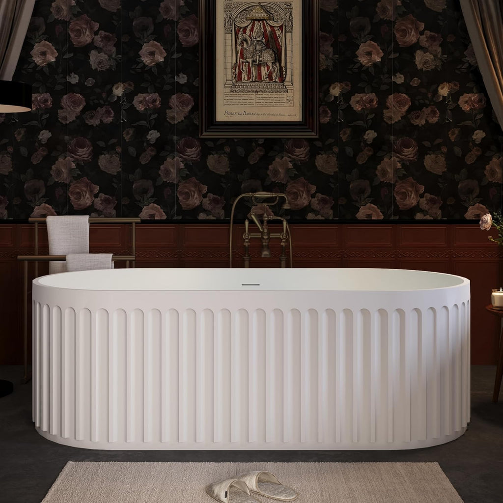 67' Freestanding Solid Bathtub, Luxury Engineered Stone Resin Freestanding Soaking Bathtub with Overflow and Pop up Drain, Matte White 23S13 67