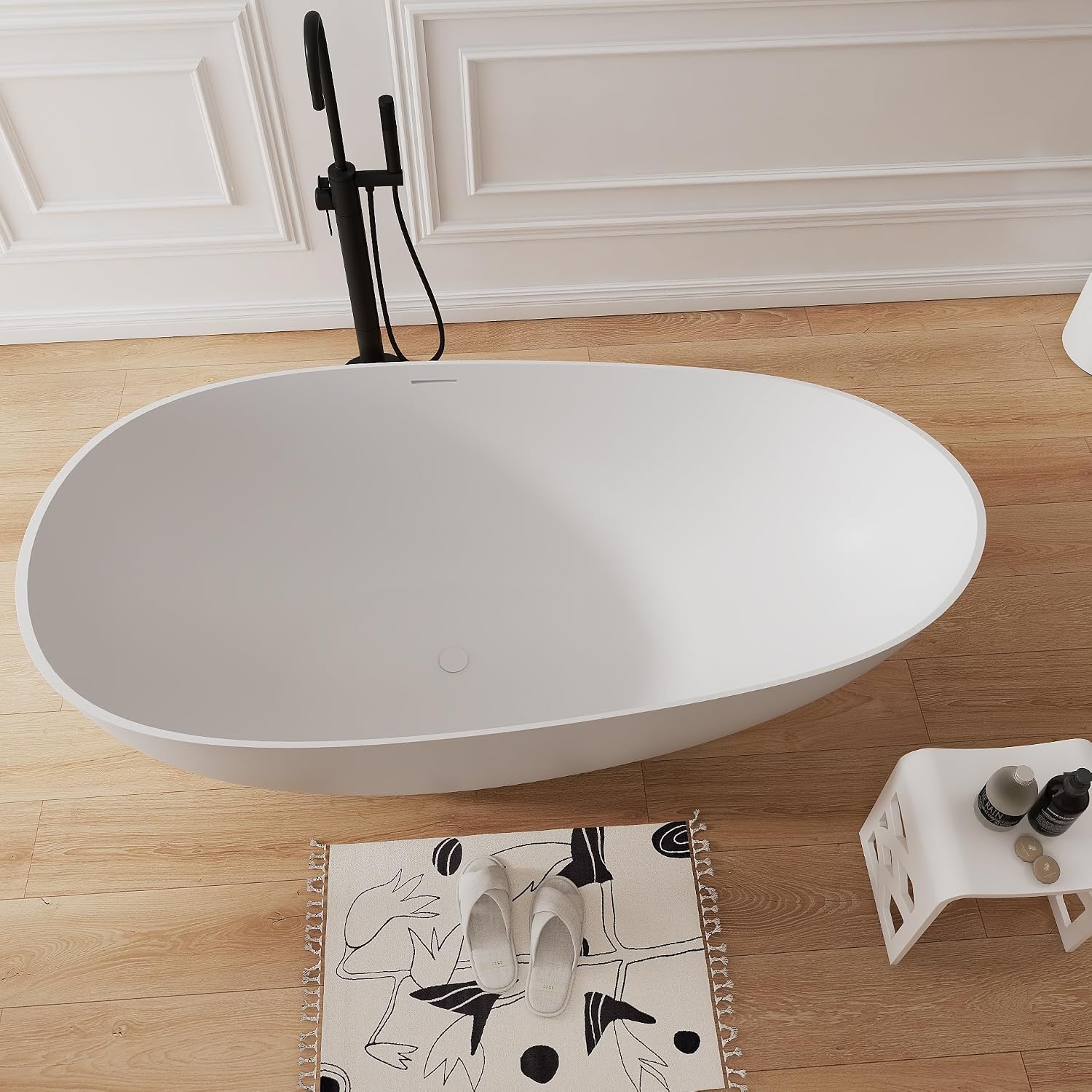 67' Upgraded Solid Surface Freestanding Bathtub,Oval Shape Stone Resin Soaking Tubs with Pop-up Drain and Overflow, Matte White