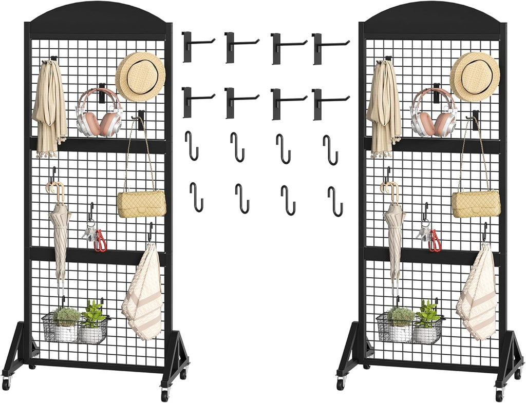 CHOEZON 2 Packs Grid Wall Panel 5.7' x 2' FT Grid Display Rack with Wheels, Movable Gridwall Display Stand with 8 S-Shaped Hooks and 8 Garment Hooks, Floorstanding Wire Grid Rack, Black TCJ17P2BB