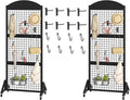 CHOEZON 2 Packs Grid Wall Panel 5.7' x 2' FT Grid Display Rack with Wheels, Movable Gridwall Display Stand with 8 S-Shaped Hooks and 8 Garment Hooks, Floorstanding Wire Grid Rack, Black TCJ17P2BB