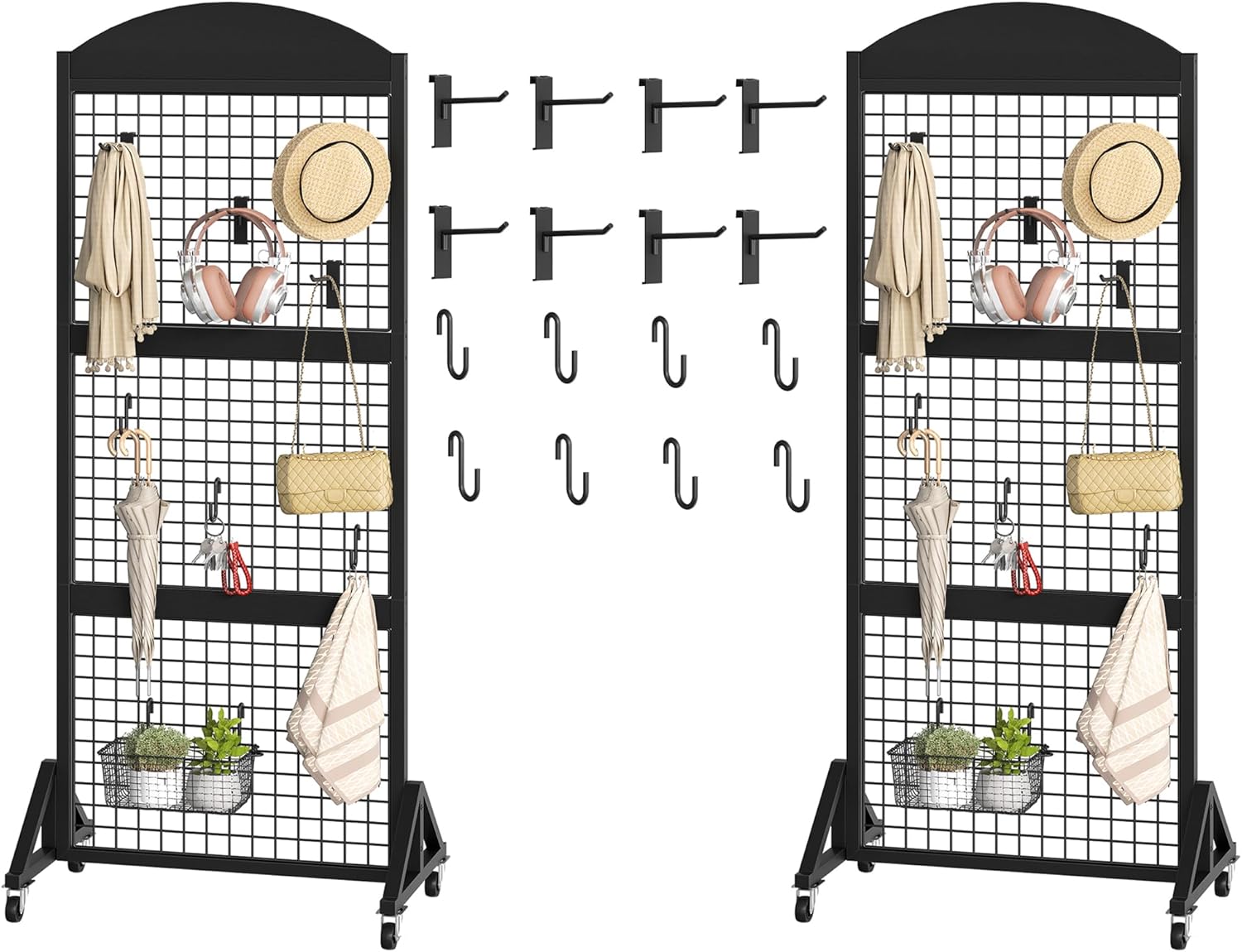 CHOEZON 2 Packs Grid Wall Panel 5.7' x 2' FT Grid Display Rack with Wheels, Movable Gridwall Display Stand with 8 S-Shaped Hooks and 8 Garment Hooks, Floorstanding Wire Grid Rack, Black TCJ17P2BB
