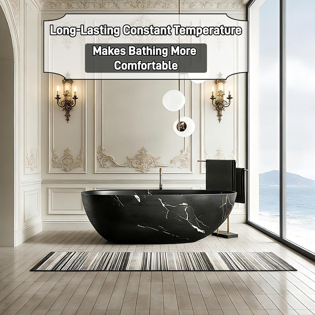 59' Edeyeu Freestanding Bathtub - Solid Surface Soaking Tub with Black & White Marble Design, Luxury Free Standing Tub for Spa, Home, and Villa Bathrooms, Black