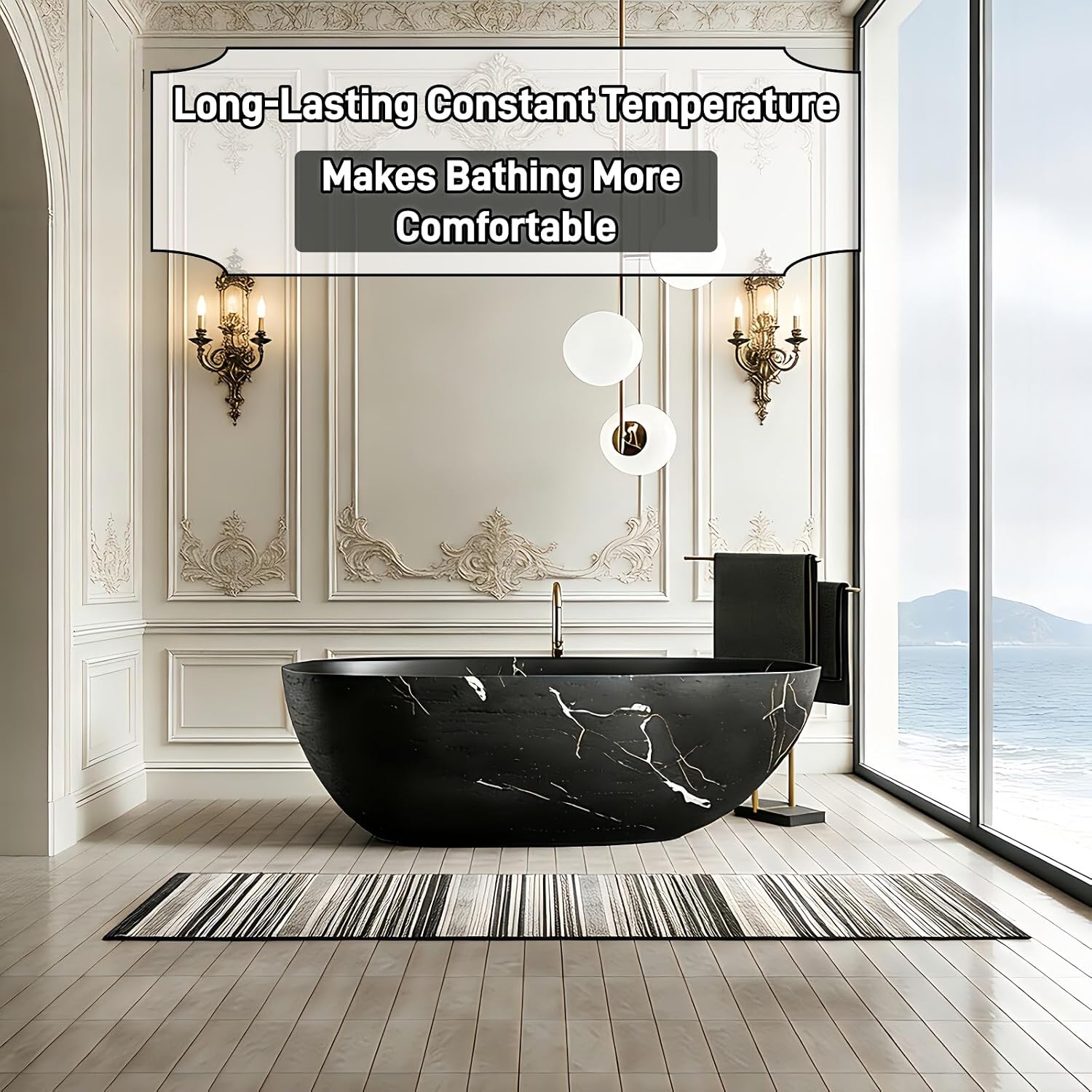 59' Edeyeu Freestanding Bathtub - Solid Surface Soaking Tub with Black & White Marble Design, Luxury Free Standing Tub for Spa, Home, and Villa Bathrooms, Black