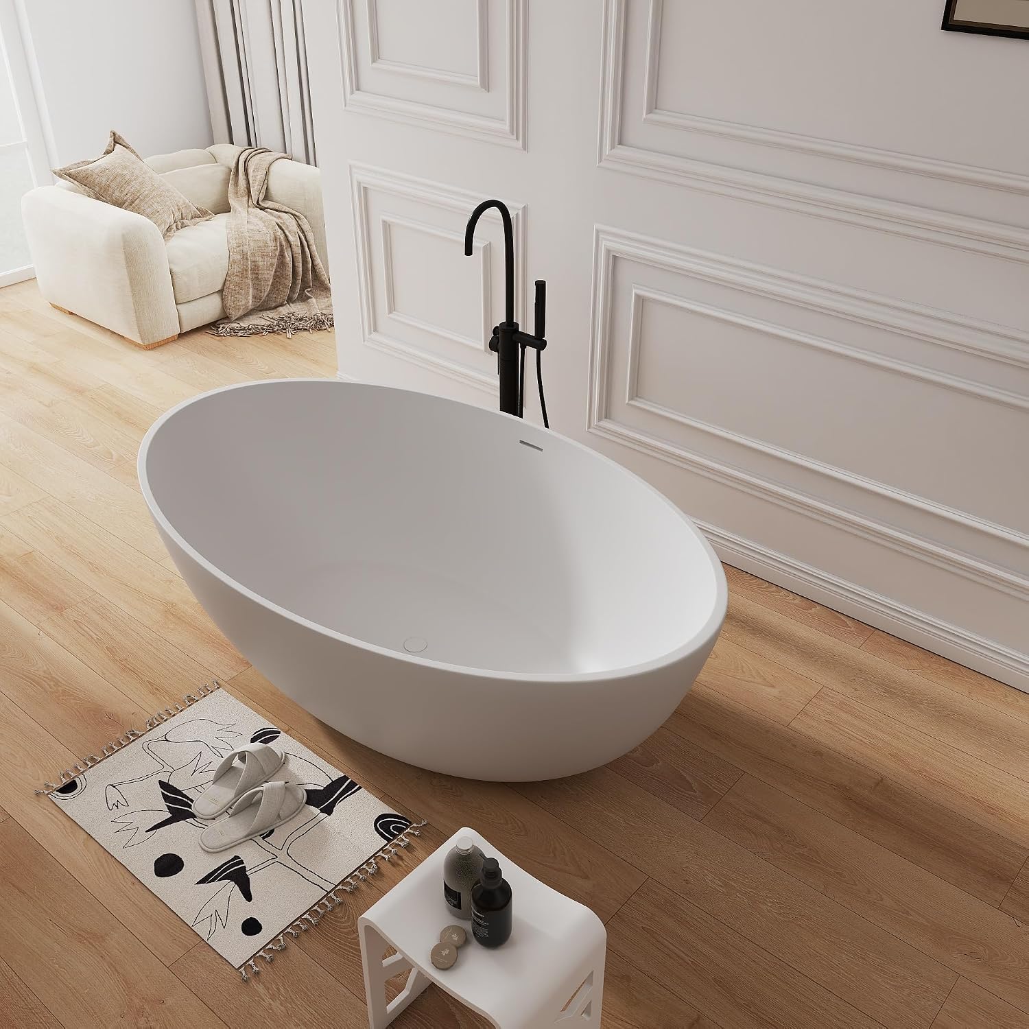 67' Premium Freestanding Bathtub Solid Surface Soaking Tub with Overflow and Pop-up Drain, Matte White
