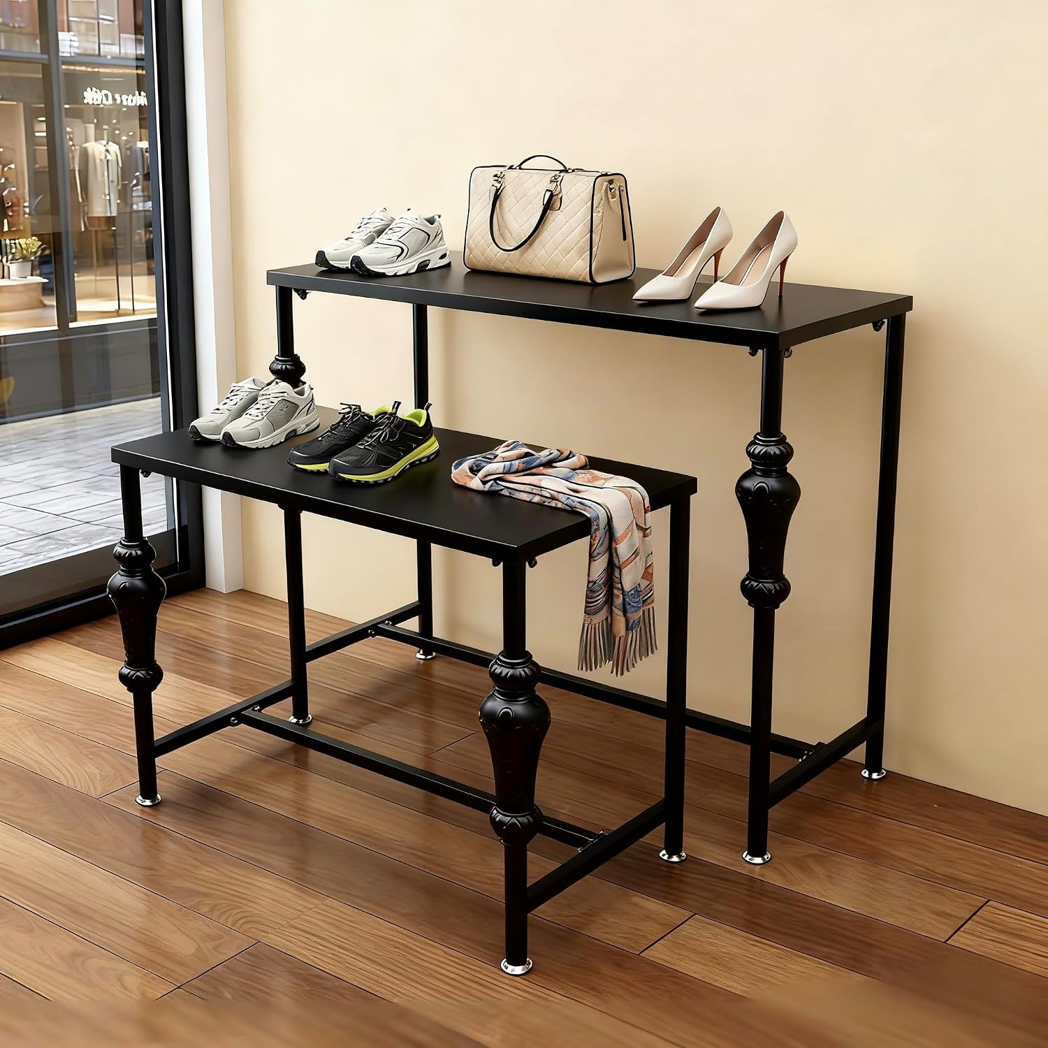Metal Clothing Shoe Handbag Display Table, 2 Tier Heavy Duty Risers Display Stands, Standing Garment Rack Display Riser Shelf Nesting Tables for Boutiqu Retail Stores Vendor Events-Black