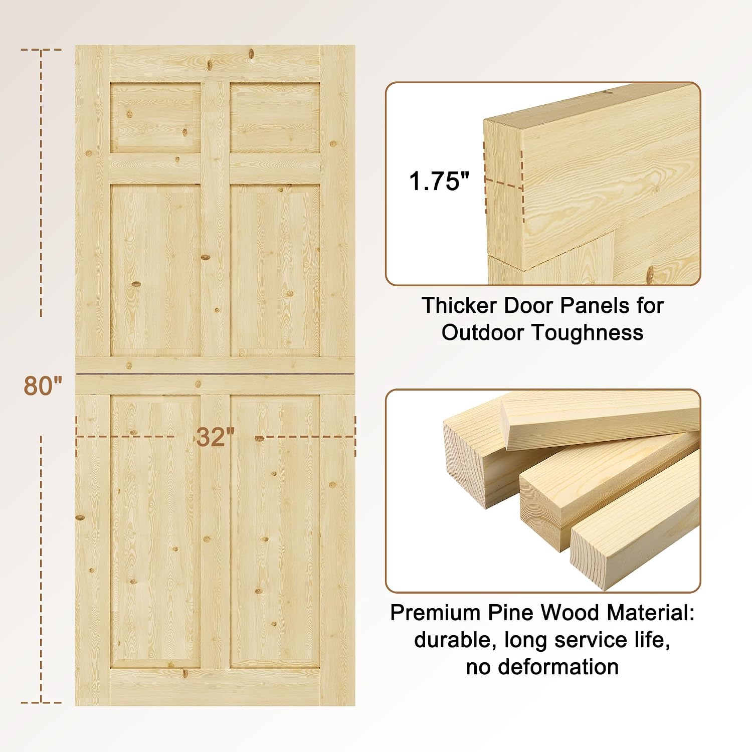 Exterior Dutch Door Slab, 32' x 80', Universal 6 Lite Panel Split Single Doors, Solid Core Home Door, Natural Pine Wood - with 4 Black Hinges & 1 Latch, Without Jamb