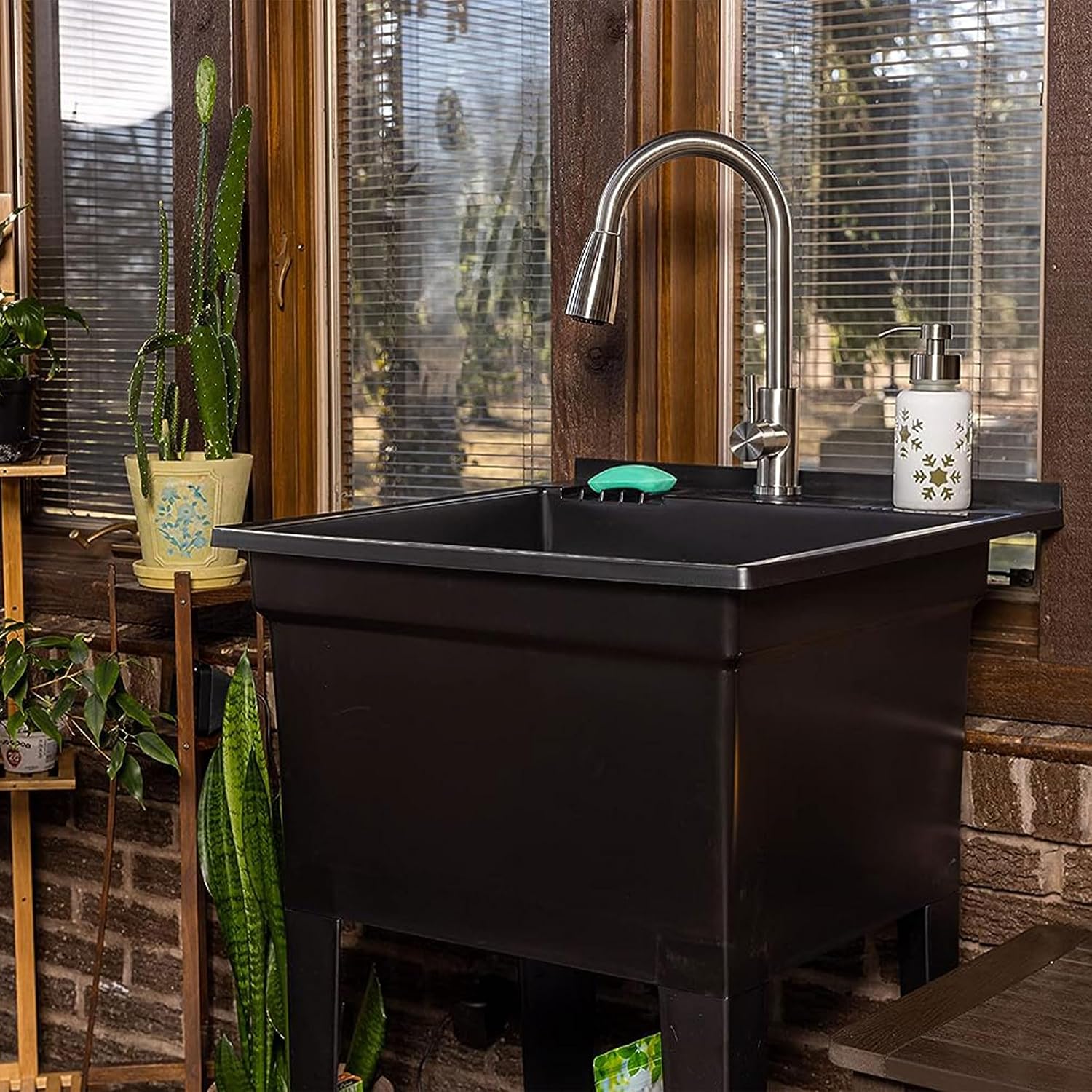 UTILITYSINKS Freestanding Utility Tub Sink with Quick Connect Drain, 24 x 24', Black - Portable and Compact Sink with Faucet for Outdoor Kitchen, Laundry Room, Garage, and Basement