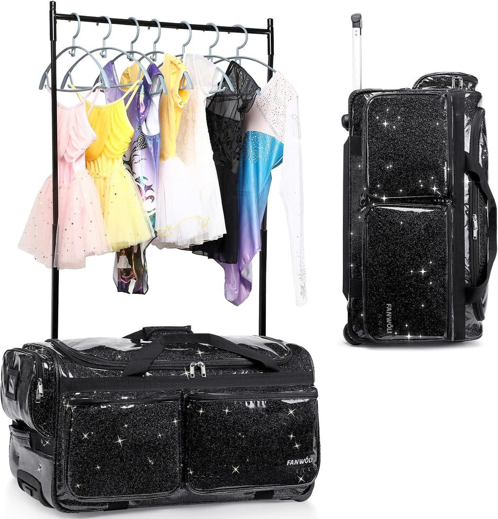 Fanwoli 23' Dance Bag with Garment Rack | Glittering Waterproof Fabric & Upgraded Stable System | Shine-Bright Collection | Ideal Competition Duffle Bag for Dancer Athlete Livestreamer | Sparkle Black
