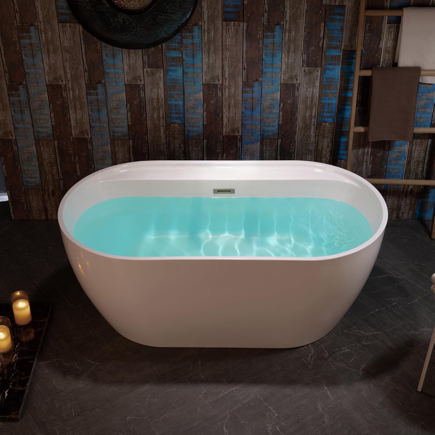 WOODBRIDGE 59' Acrylic Freestanding Bathtub Contemporary Soaking White Tub with Brushed Nickel Overflow and Drain,B0064-B/N