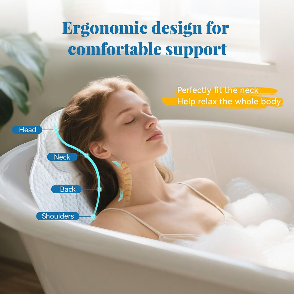 FerdY Naha 59' Acrylic Freestanding Bathtub, Curve Edge Freestanding Soaking Bathtub, Glossy White, cUPC Certified, Brushed Nickel Drain& Bath Pillow for Bathtub,Thick Tub Pillows, Ergonomic Support