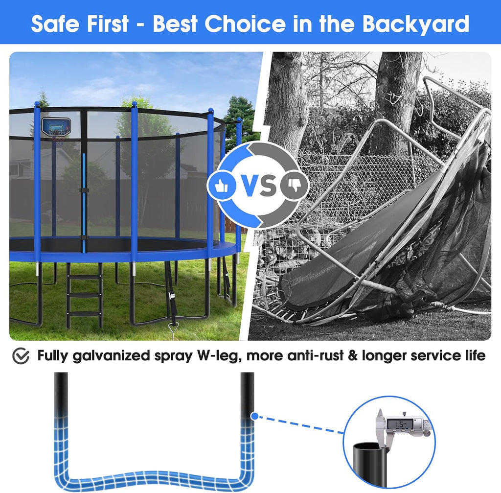 Exal Trampoline Outdoor with Basketball Hoop and Enclosure Net, 1500LBS Backyard Heavy Duty Trampoline ASTM CPC Certified Kids Trampoline, Light, Sprinkler, Socks, No-Gap Pad, Wind Stakes Included