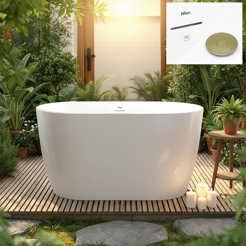 FerdY 47' Acrylic Freestanding Bathtub, Contemporary Soaking tub with Brushed Gold Drain, Elegant Oval Shape, cUPC Certified, Bali