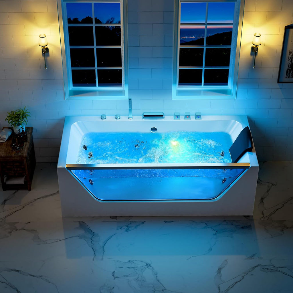 67' Whirlpool Hydro Massage Tub with Chromatherapy, Hydrotherapy Jetted Bathtub with Glass Panel, Acrylic Spa Tub with Center Drain, White
