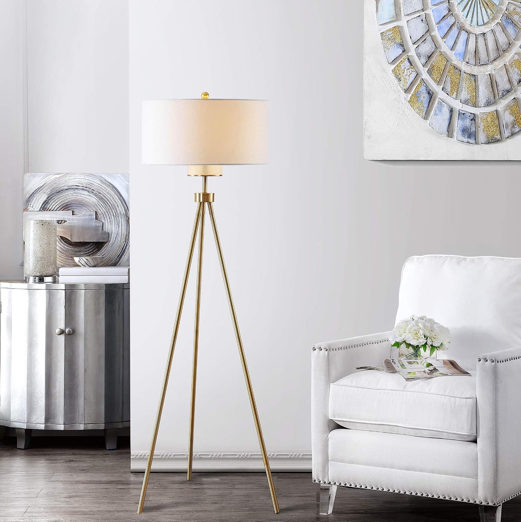 SAFAVIEH Lighting - Enrica 66-Inch Floor Lamp - Brass Gold - Fabric Shade - Mid-Century Tripod Leg Design - Ideal for Living Room, Bedroom - LED Bulb Included (FLL4008A)