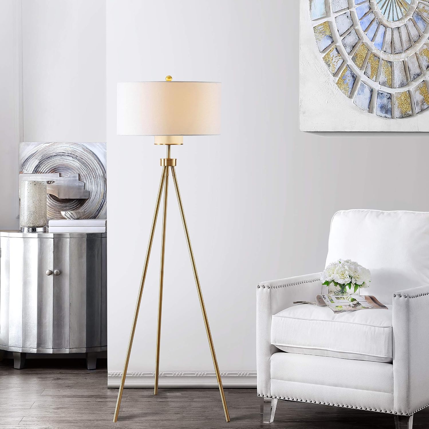 SAFAVIEH Lighting - Enrica 66-Inch Floor Lamp - Brass Gold - Fabric Shade - Mid-Century Tripod Leg Design - Ideal for Living Room, Bedroom - LED Bulb Included (FLL4008A)