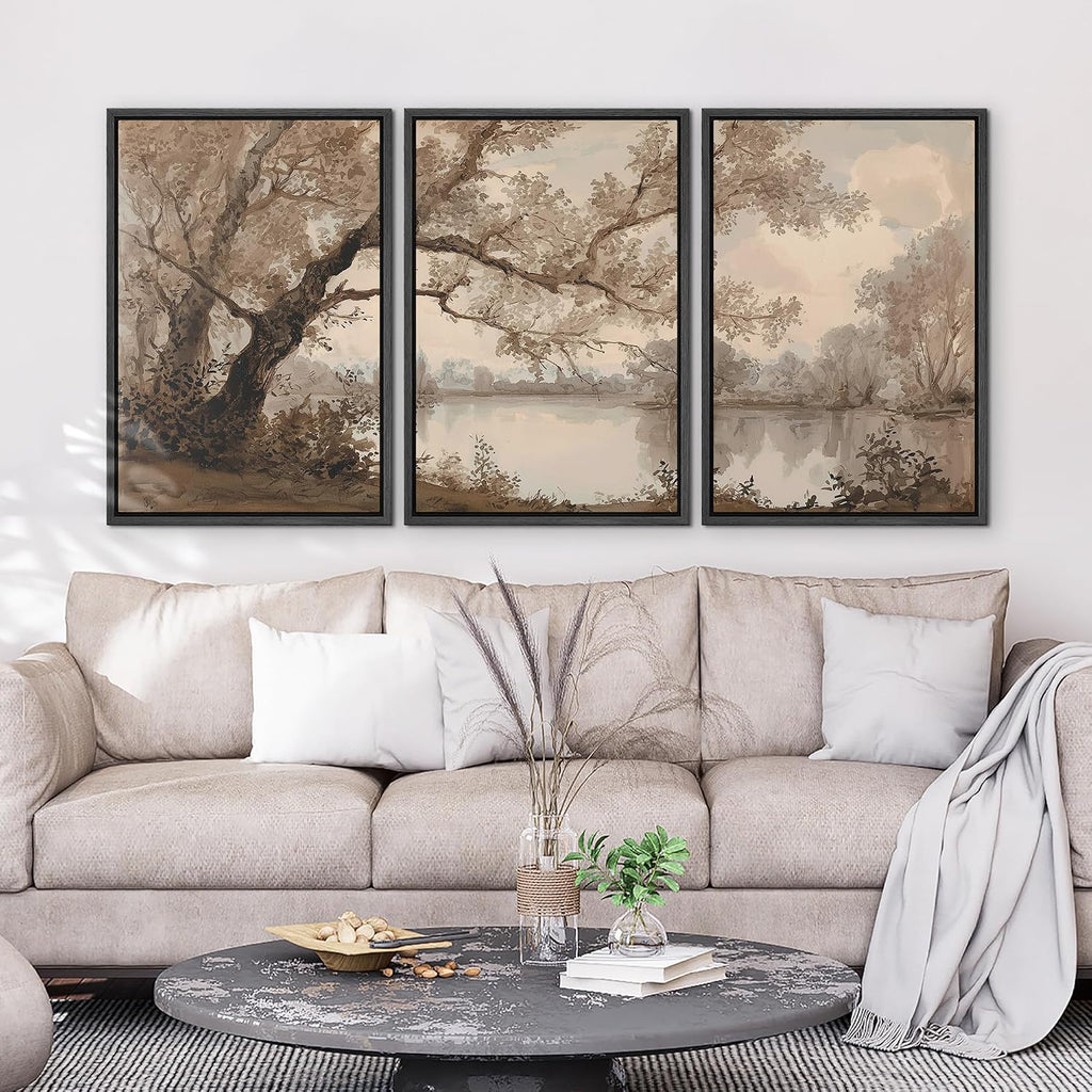 wall26 Framed Print Wall Art Set Sepia Watercolor Lakeside Tree Landscape Decorative Minimal Relax/Zen for Living Room, Bedroom, Office - 16'x24'x3 BLACK
