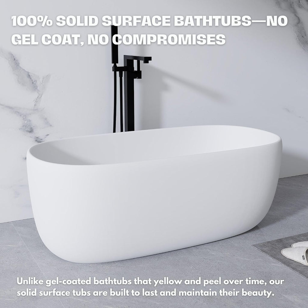 H2O Rectangular 59 in. x 30.7 in. Solid Surface Stone Resin Freestanding Bathtub, 13 in. Soaking Depth, Ergonomic Backrest, Matte White, Center Drain with Overflow, Durable, Easy to Clean