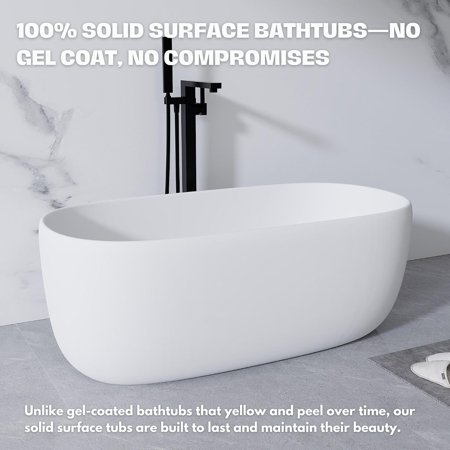 H2O Rectangular 59 in. x 30.7 in. Solid Surface Stone Resin Freestanding Bathtub, 13 in. Soaking Depth, Ergonomic Backrest, Matte White, Center Drain with Overflow, Durable, Easy to Clean