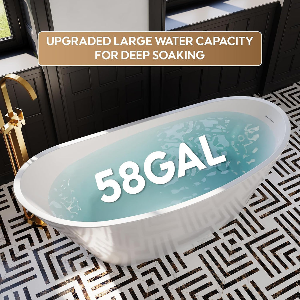 WELLFOR 67' Freestanding Acrylic Bathtub with Drain and Integrated Slotted Overflow, Soaking Bath Tub with Predrilled Overflow Holes, Soaking Bath Tub 58 Gallons Capacity, Glossy White
