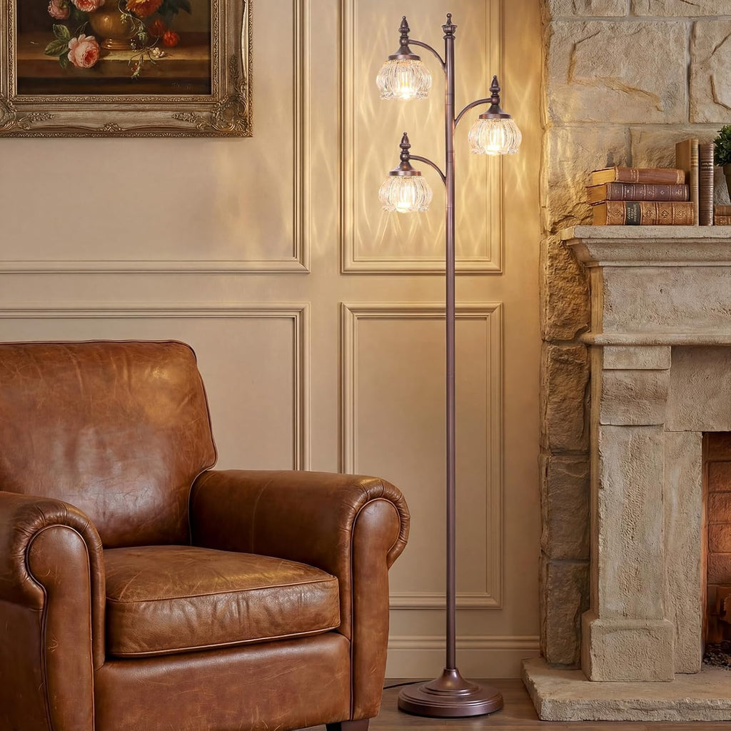 JUNNAI Brown Floor Lamps for Living Room Standing Lamp with 3 Brightness Lights Glass Shade 66.5in Flower Lamp for Bedroom Office Corner(3LED Bulbs Included)