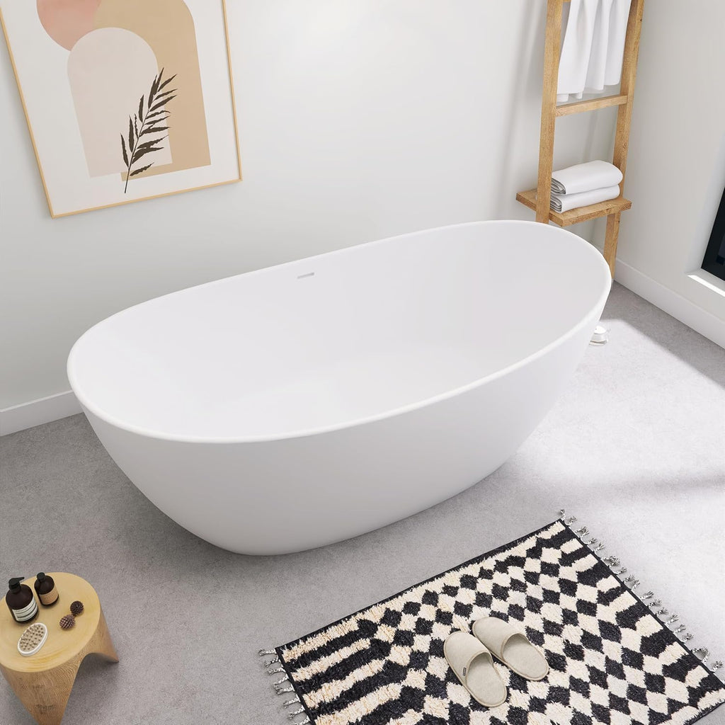 SJ STAR&JANE 65' Solid Surface Freestanding Bathtub Stone Resin Tub Oval Double Slippers Stand Alone Soaking Tub with Pop-up Drain and Overflow, Matte White