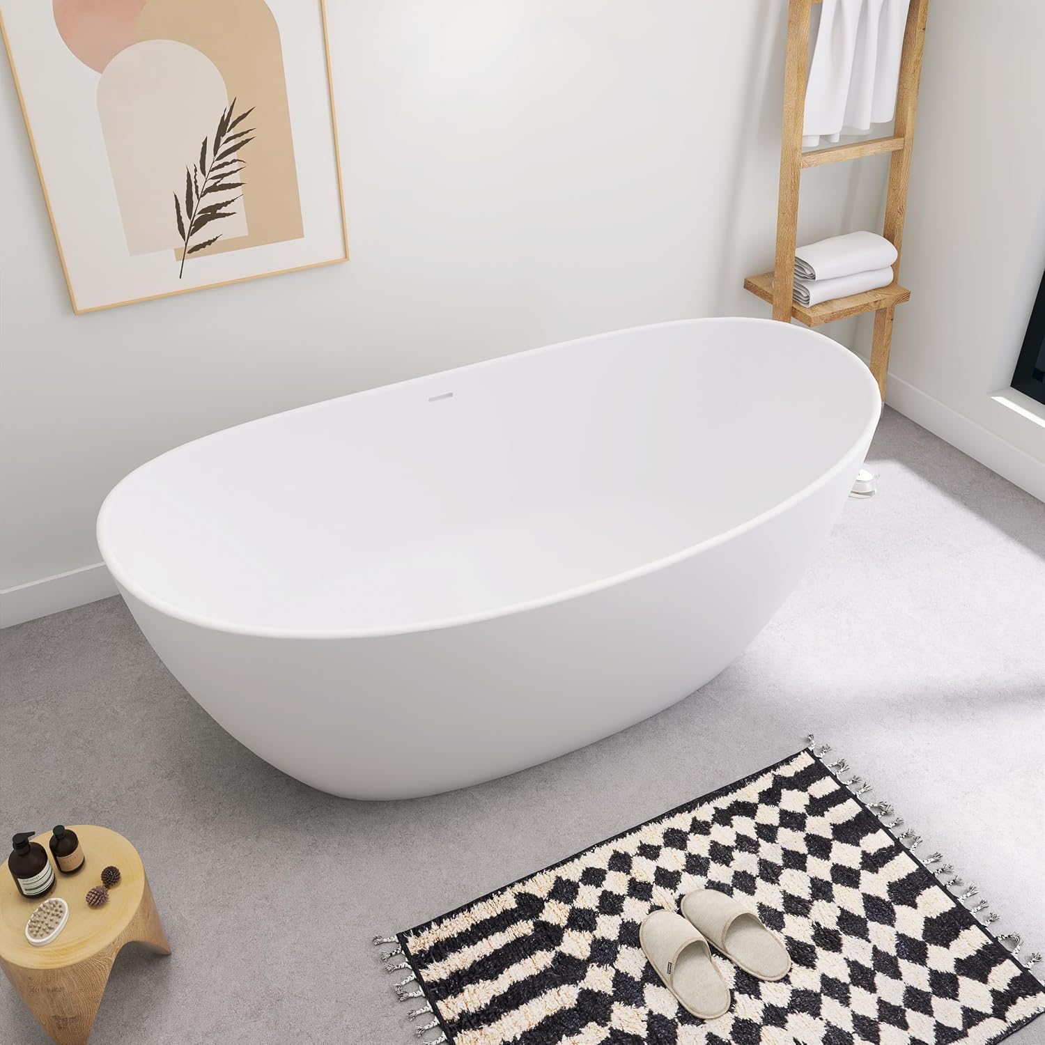 SJ STAR&JANE 65' Solid Surface Freestanding Bathtub Stone Resin Tub Oval Double Slippers Stand Alone Soaking Tub with Pop-up Drain and Overflow, Matte White