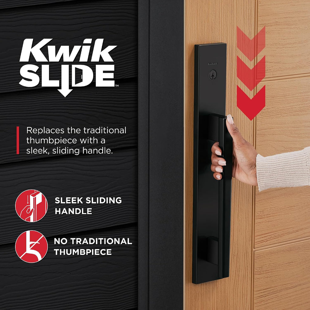 Kwikset Caerus Front Door Lock Handle and Deadbolt Set, Entry Handleset Exterior with Interior Lever, Matte Black, SmartKey Re-Key Security, with KwikSlide, Door Handle Backplate Full Escutcheon