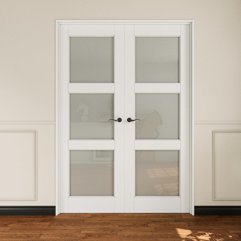French Door 56' x 80' (Double 28' x 80') 3-Lite Frosted Glass Door Slabs with Pre-Hung Jamb, Black Hinges, Levers and Latch, White Primed, French Interior Doors with Frame, Swing Double Bedroom Doors