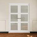 French Door 56' x 80' (Double 28' x 80') 3-Lite Frosted Glass Door Slabs with Pre-Hung Jamb, Black Hinges, Levers and Latch, White Primed, French Interior Doors with Frame, Swing Double Bedroom Doors